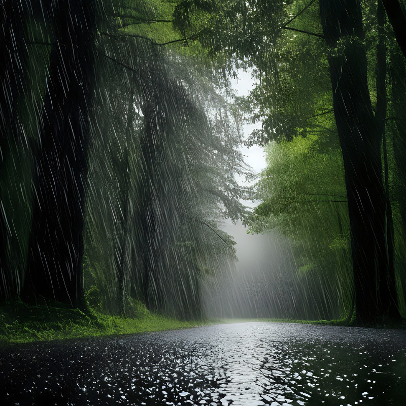 droga wiodąc przez las, deszcz